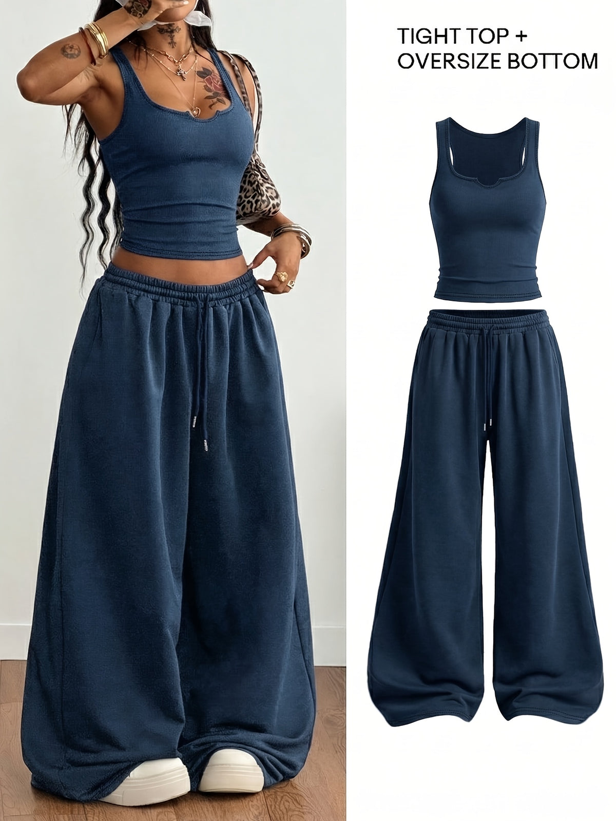 Fitted U-Neck Cami And Flowing Wide-Leg Floor-Length Pants, Street Hot Style with Elastic Waist, Casual Comfortable Height-Enhancing Bomber Street Women'S Two-Piece Set - Royal Blue