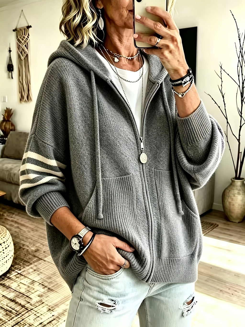 Plus Size - Women'S Casual Hooded Sweater Jacket with Zipper, Loose Fit Women'S Sweater Jacket, Suitable for Women with Beautiful Curves in Autumn And Winter, Suitable for Casual Wear, Commuting, And Cloud-Like Style - Grey