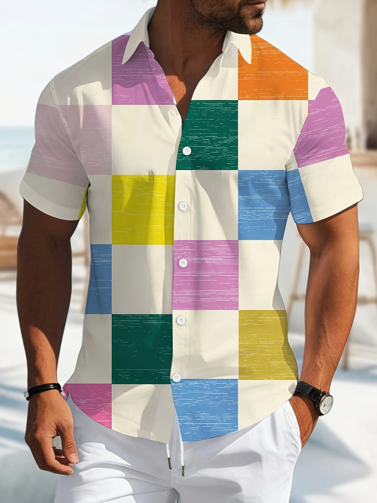 Men's Hawaiian Casual Vacation Print Button- Short Sleeve Shirt - Multicolor