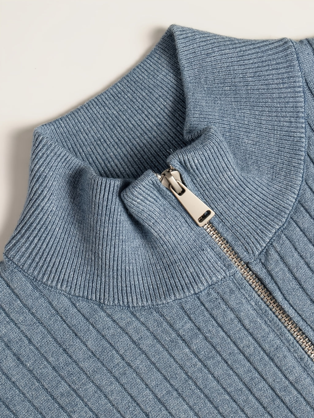 Autumn/Winter New Men's Stand Collar Zipper Design Fashionable Sweater, Knitted Versatile Stretchy Long-Sleeve Pullover with Small Rib Texture, for Home and Commuting, Vintage Men's Top - Sea Polish