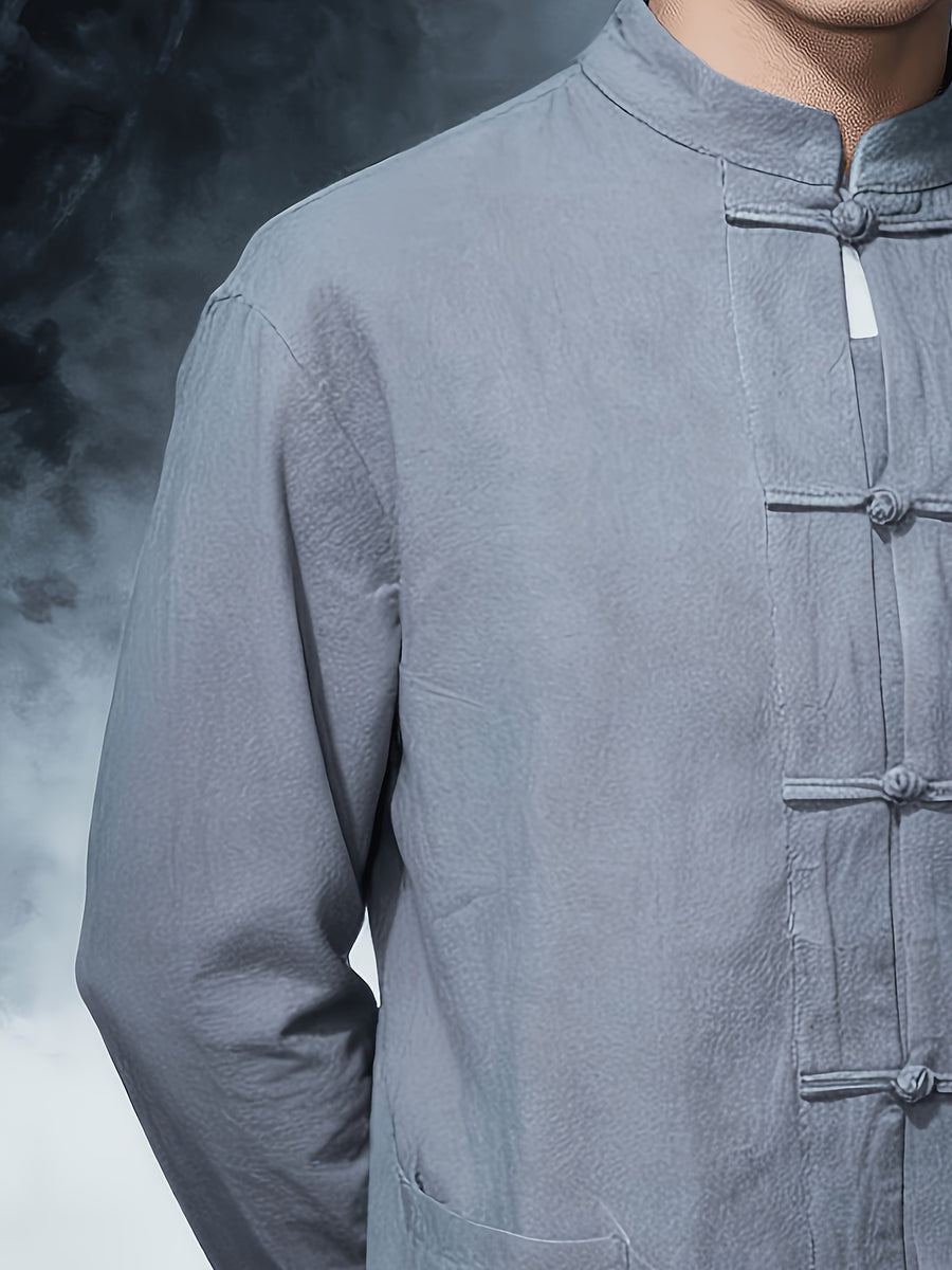 New Chinese Style Men'S Long Sleeve Shirt - And Linen Ethnic Characteristic Practice Clothes - Zen Retro Tang Style Thin Jacket (Solely Includes One Jacket) - Lead Color