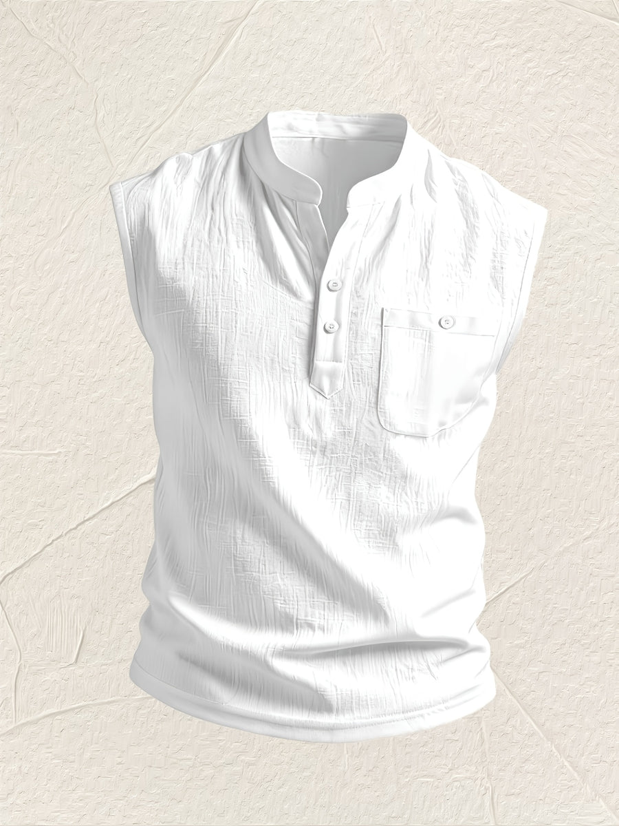 Men's Fashionable Casual Lightweight Breathable Sleeveless Henley Shirt - Summer Casual and Business Casual Vest - with Button- Collar - Suitable for Outdoor Activities, Beach, and Seaside - Regular Fit Men's Apparel Gift - White