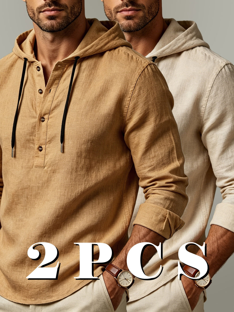 2pcs Men'S Linen-Like Hooded Henley Long Sleeve Sweatshirt Set, Breathable Thin Solid Color Half-Open Placket Casual Pullover Henley Shirt, Soft Comfortable Textured Fabric Fresh And Non-Stuffy, Loose Slimming Versatile Fit - 2pcs【Earth Yellow+Apricot】