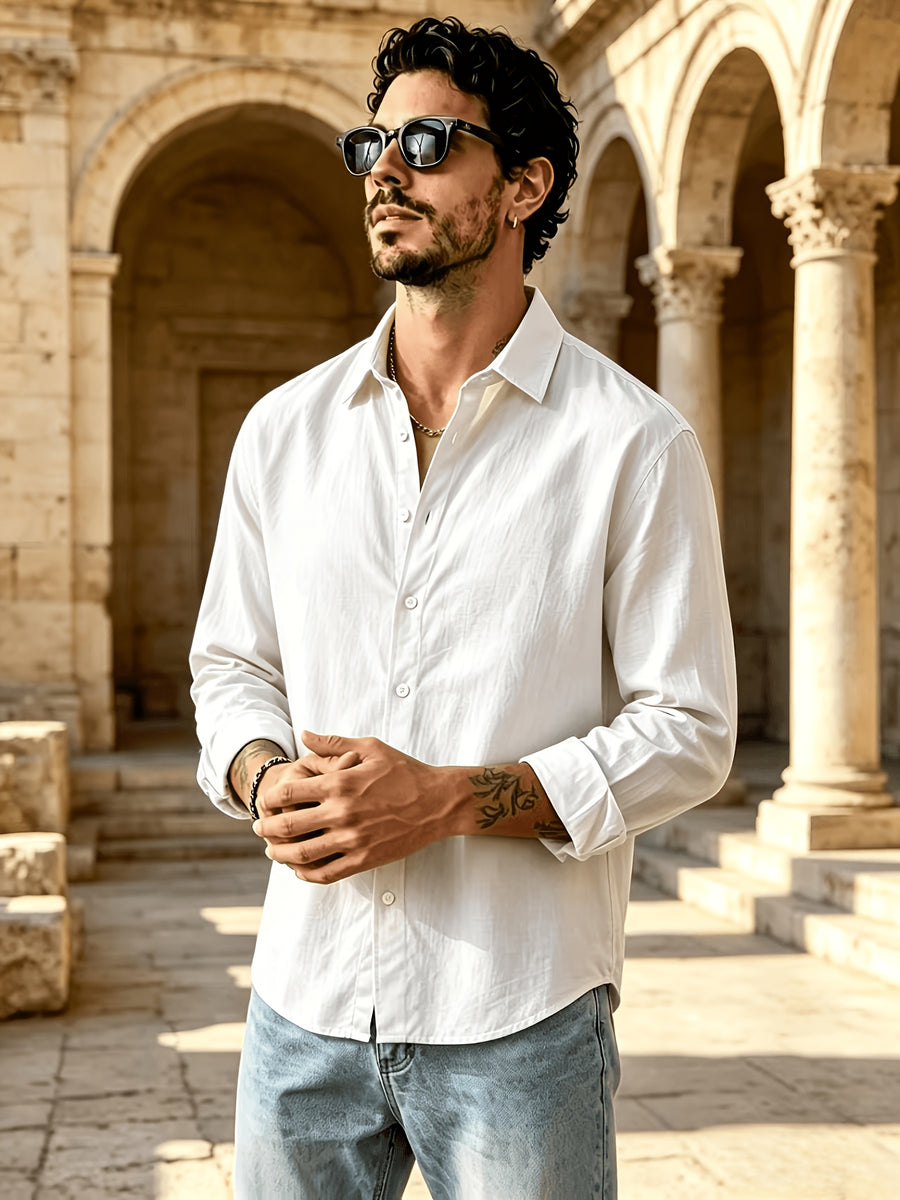 Men's Button Front Long Sleeve Shirts for Summer, Classic Solid Color Lapel Casual Work Shirts, Loose Fit Lightweight Breathable Daily Tops, Vintage Fashion Outdoor Vacation Blouses - White