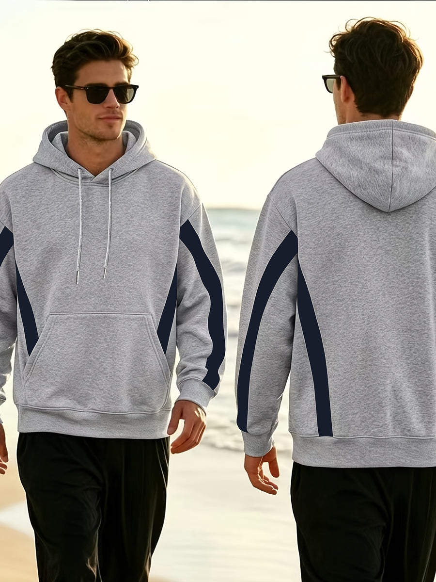 New Men'S Double Striped Hooded Sweatshirt with Loose Fit And Comfortable Pockets, Versatile And Trendy Hoodie for Daily Use - Grey