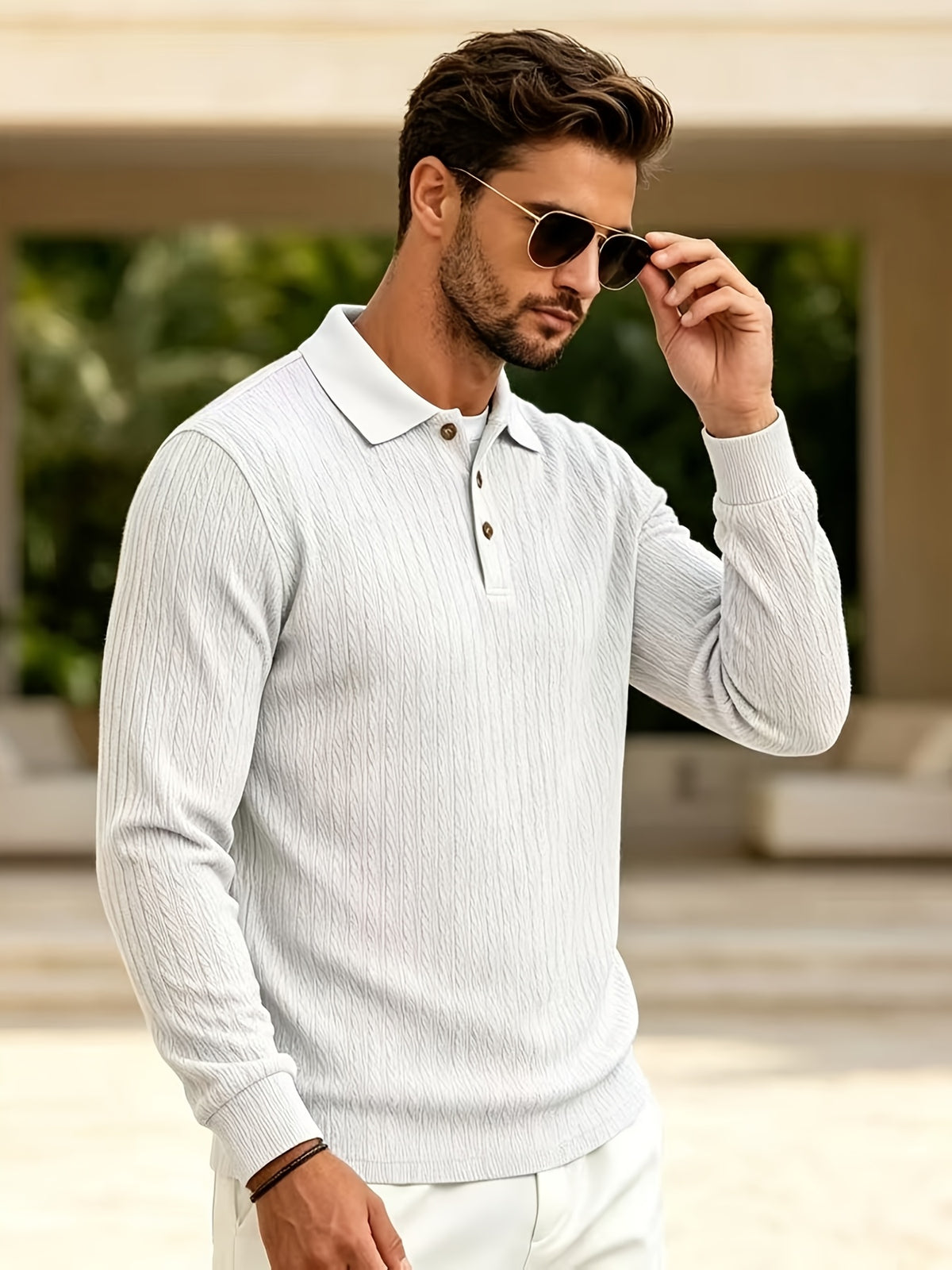 2026 New Men's Long-Sleeve Polo Shirt, Jacquard Texture Lapel Top, Casual Three-Button Knitted Business Versatile Long-Sleeve T-Shirt - White