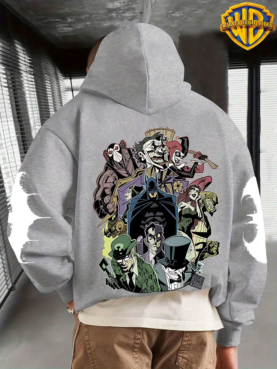 Warner Men's New Trendy Hoodie, Warner's Batman IP Co Branded Batman Villain Collection Printed Hoodie, Casual Daily Drawstring Hoodie, Long Sleeved Pullover, Machine Washable, Versatile Sports Casual Loose Men's Casual Hoodie, Front Kanga - Light Grey