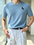 Men's Crew Neck Short Sleeve Knit Shirt with Galloping Horse Silhouette Print, Slim Fit Thin Top - Sky Blue