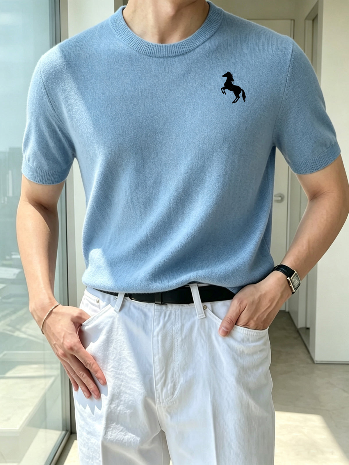 Men's Crew Neck Short Sleeve Knit Shirt with Galloping Horse Silhouette Print, Slim Fit Thin Top - Sky Blue