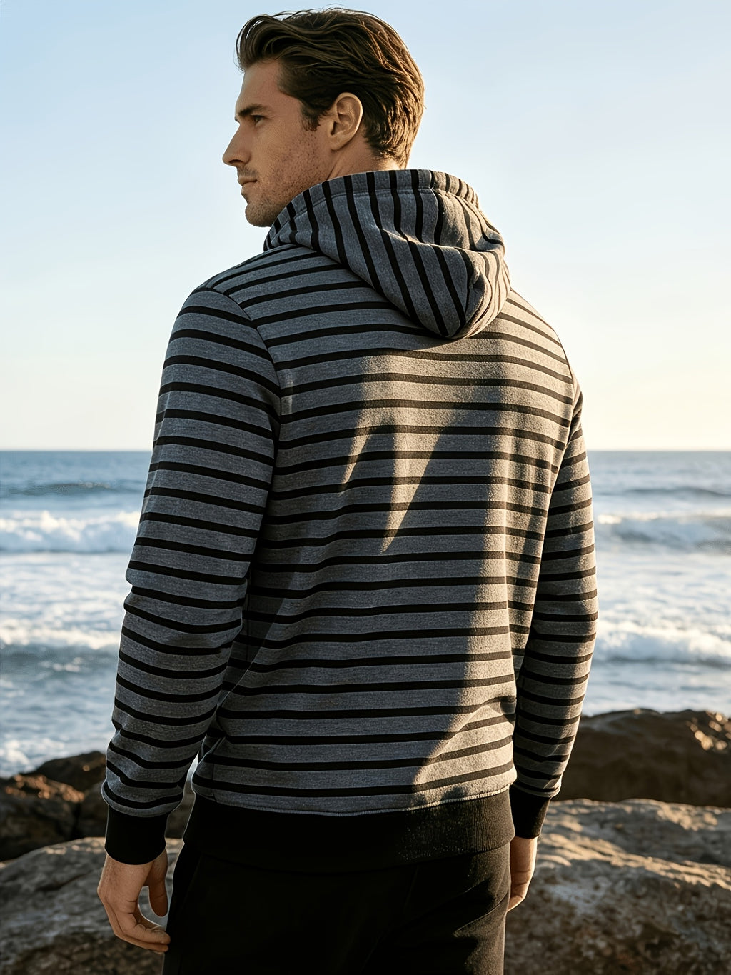 Autumn/Winter 2026 New Arrival Men's Casual Loose Striped Minimalist Trendy Color-Block Henry Hooded Sweatshirt - Dark Gray