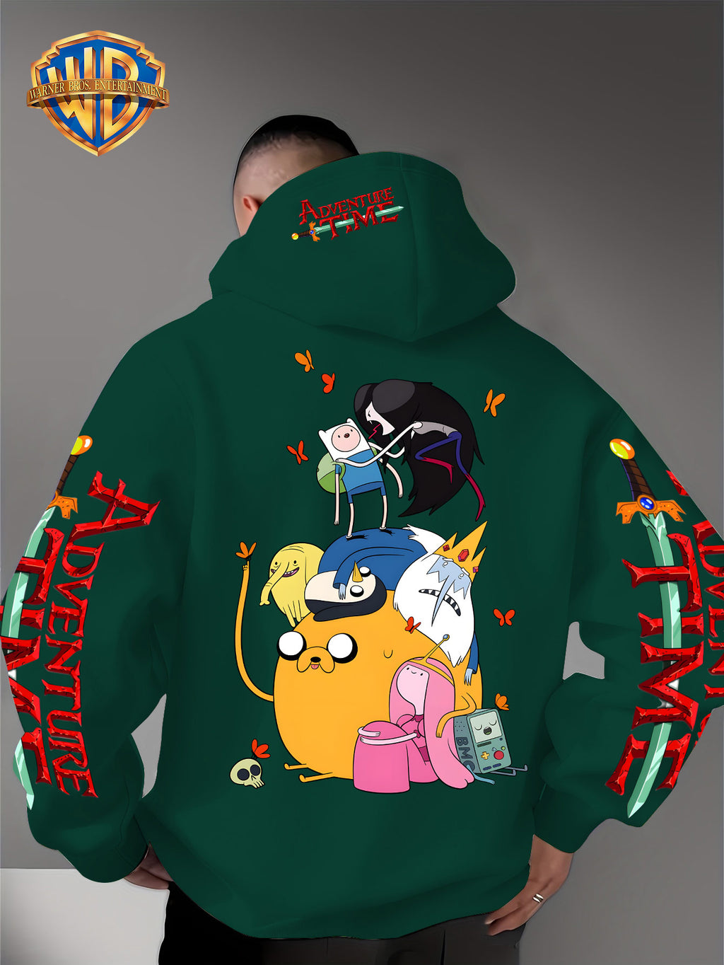 Warner Bros. Men's Adventure Time Full Cast Themed Trendy Fashion Pullover Hoodie with Family Portrait Character Print - Green