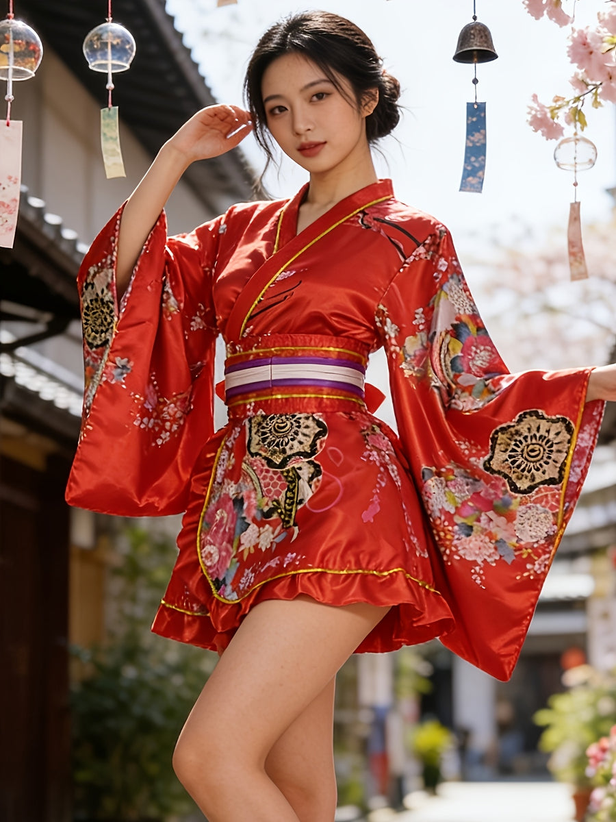 Japanese Traditional Cosplay Outfit for Women, Formal Japanese Kimono, Yukata, Sleep Robe, Shortened Modified Traditional Kimono, Cosplay Anime Photoshoot Performance Homewear, Sweet Dress and Short Skirt, Ramadan Apparel - Red