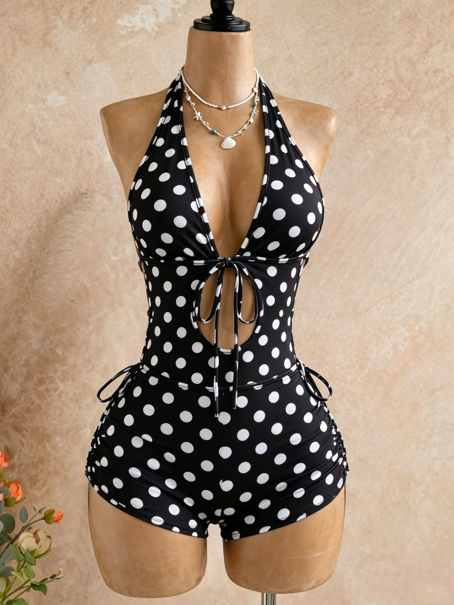 Bad Style Black And White Classic Polka Dot Halter Jumpsuit, Beach Vacation Style Hollow Out Drawstring - Mixed colors