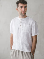 Men'S Summer New Shirt Top, Preppy Relaxed Fit! Premium Natural Fabric, Breathable And Sweat-Absorbent, Half-Button Design, Enhances Neckline. Solid Color Versatile for Daily Commute, Streetwear, And Travel, Sweat-Resistant - White