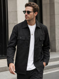 Men's City Casual Everyday Shirt Jacket, Loose Fit Black Solid Twill Outerwear, Double Chest Flap Pockets Breathable Wrinkle Free Top for Office Weekend Streetwear, Chinese Size, Please Check The Size Guide Carefully - Black