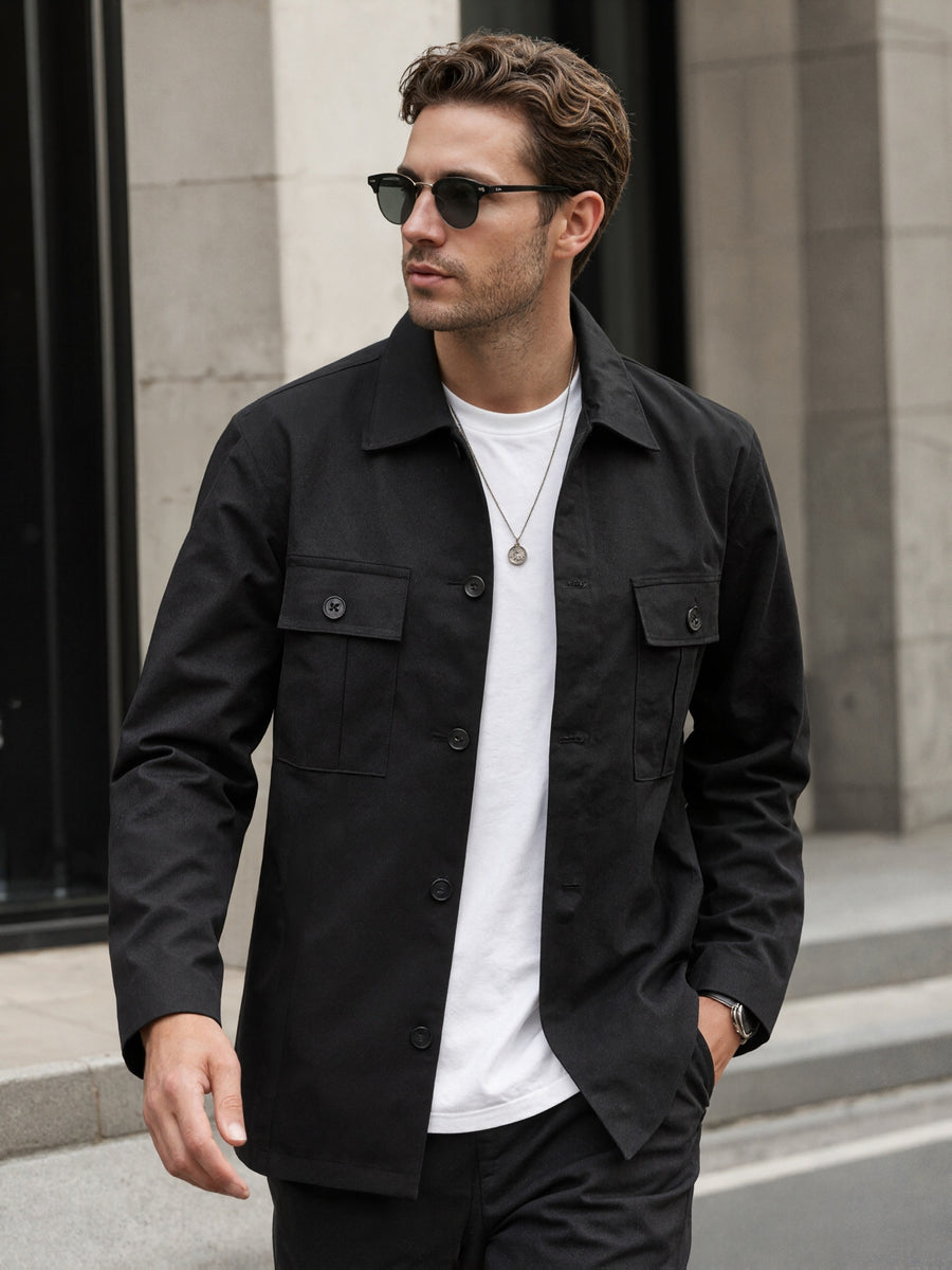 Men's City Casual Everyday Shirt Jacket, Loose Fit Black Solid Twill Outerwear, Double Chest Flap Pockets Breathable Wrinkle Free Top for Office Weekend Streetwear, Chinese Size, Please Check The Size Guide Carefully - Black