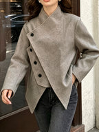 Women's Autumn/Winter New Arrival Irregular Asymmetrical Buckle Jacket, Unique Niche Design, Versatile French-Style Coat - Oatmeal Color