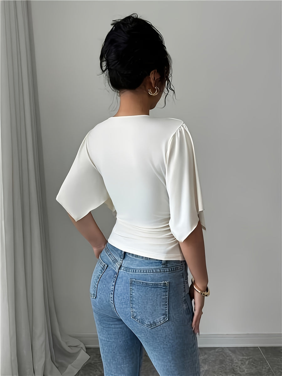 Fashionable and Versatile Vintage Five-quarter Sleeve V-neck Pleated Elegant Top T-shirt - White