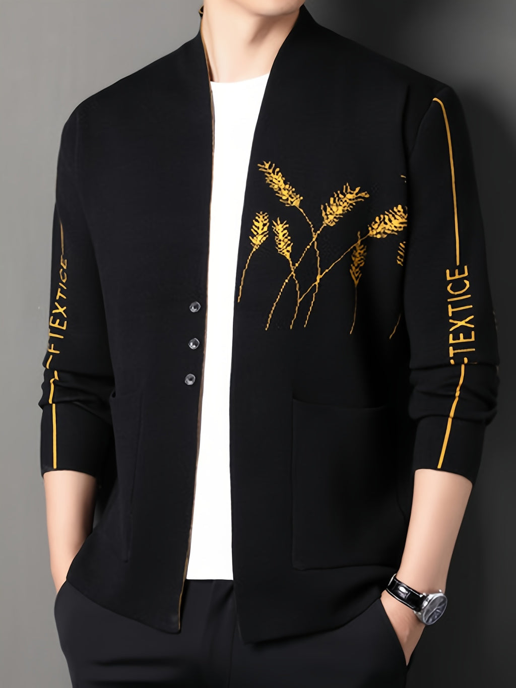 Father'S Day Gift for Men 2024 New Men'S Wheat Ear Jacquard High-Elastic Knit Cardigan, Fashionable Japanese Korean Trendy Outerwear Top - Black