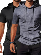 2pcs Men's Stylish Versatile Hooded Short-Sleeve T-Shirt with Kangaroo Pocket, Quick-Dry Breathable Casual Sportswear for Outdoor Fitness and Jogging - Mixed colors