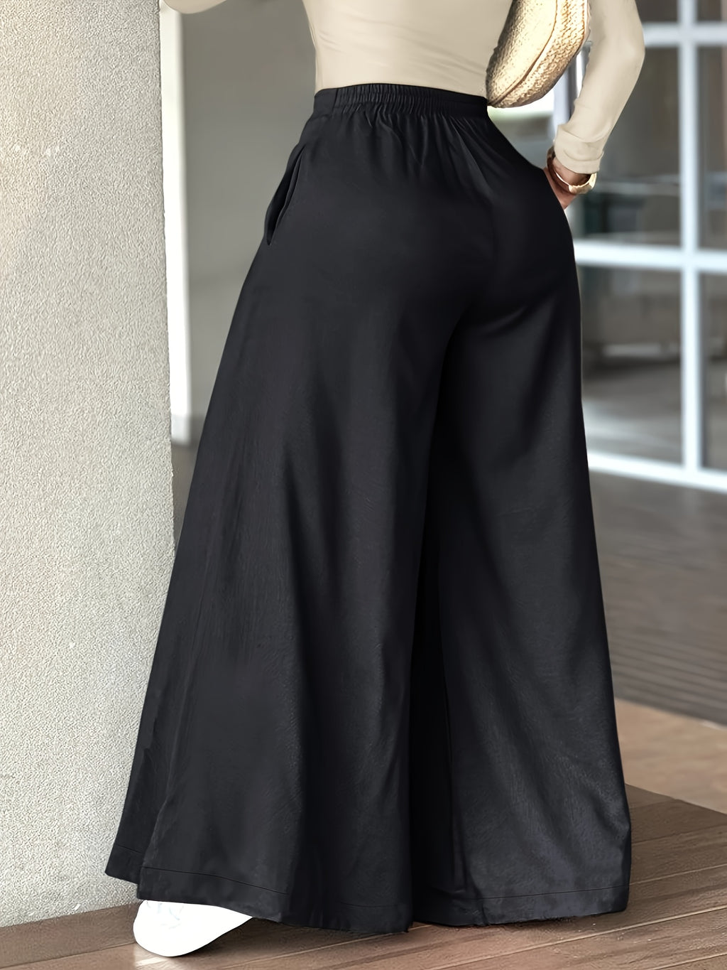 Women's Slim-Fit Casual Pants, Spring-Summer-Autumn Long Pants, High-Waist Fashion Pocket Casual Pants, High-Waist Versatile Casual Wide-Leg Pants - Black