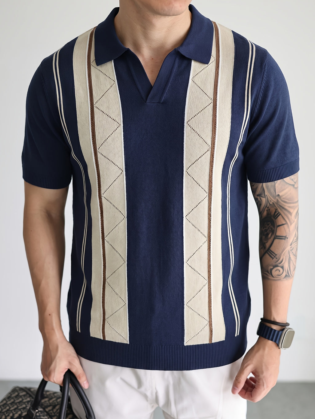 Men's Breathable Knit Short Sleeve Shirt - Vertical Stripe Color Block V-Neck Lapel Collar, Sheer Yet Opaque Mesh Golf & Business Casual Suitable for Golfing, Office, Semi-Formal Wear - Machine Washable Year-Round Versatile Top - Navy Color