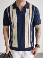 Men's Breathable Knit Short Sleeve Shirt - Vertical Stripe Color Block V-Neck Lapel Collar, Sheer Yet Opaque Mesh Golf & Business Casual Suitable for Golfing, Office, Semi-Formal Wear - Machine Washable Year-Round Versatile Top - Navy Color