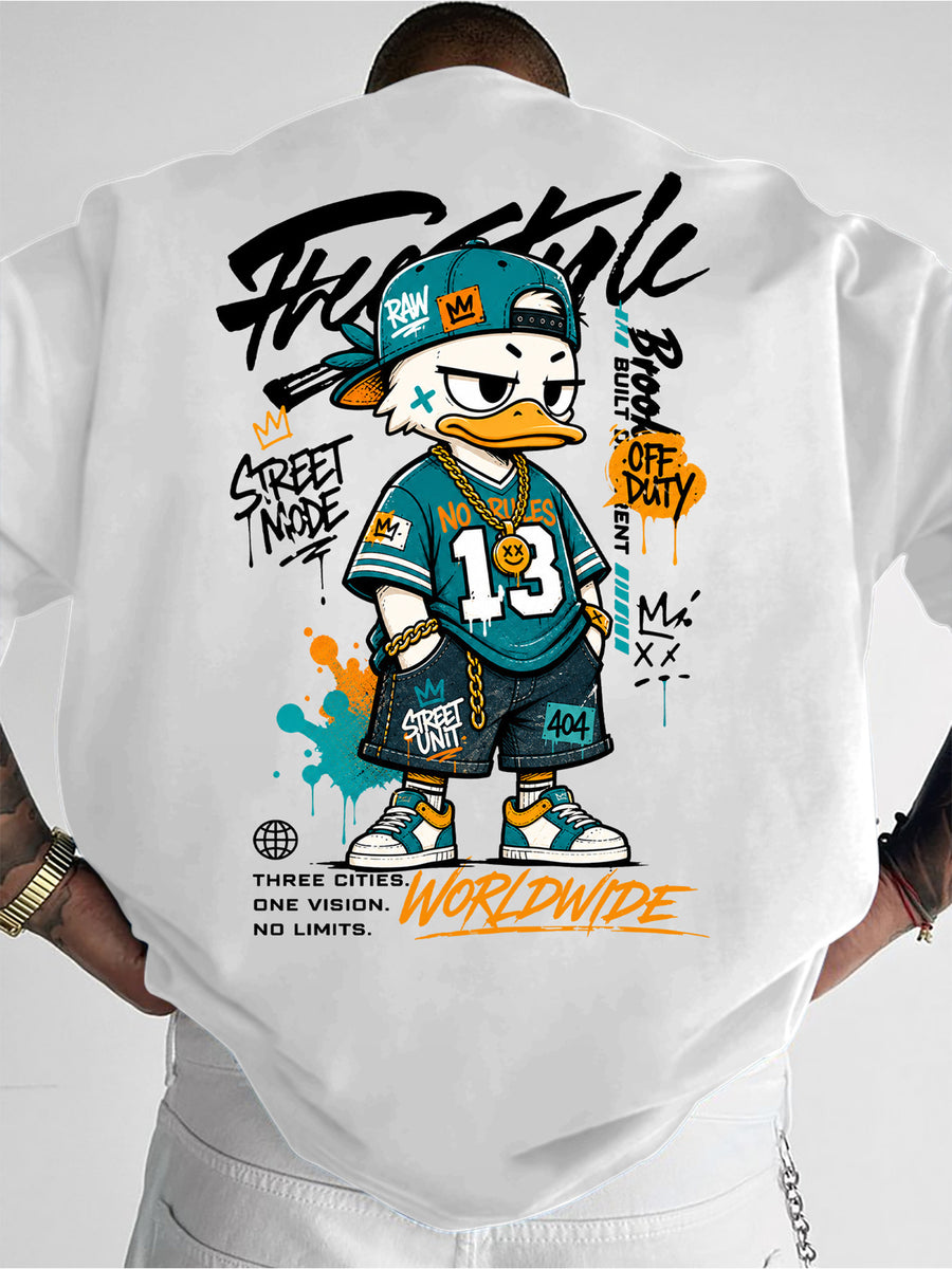 Printed Design, Non-textured, European and American Casual Style Men's Leisure T-shirt with Duck Image, Layered with Street Font Graphics, for Daily Commuting and Casual Wear - Mixed Color 2