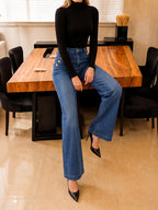 Women'S Straight-Leg Jeans, Vintage Washed Stretch Denim Fabric, Slim Fit, Casual And Versatile Long Pants - Medium Blue