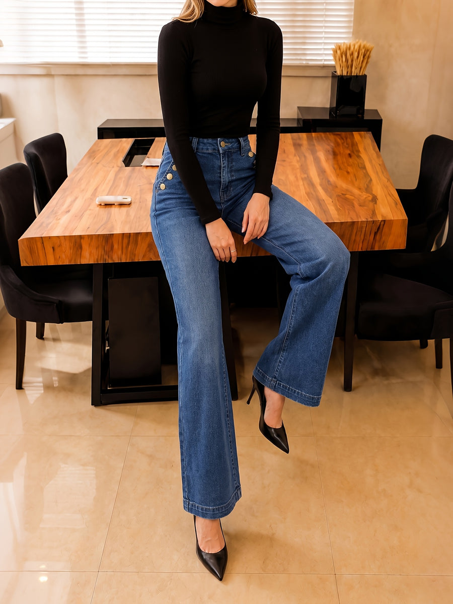 Women'S Straight-Leg Jeans, Vintage Washed Stretch Denim Fabric, Slim Fit, Casual And Versatile Long Pants - Medium Blue