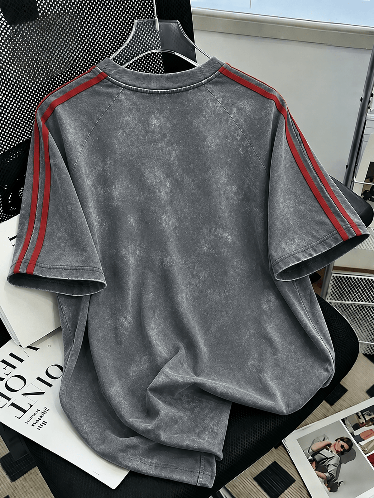 WB Warner Bros. Official Licensed Washed Distressed Red Double Stripe Raglan Short Sleeve T-Shirt, "HER JOKER" Dark Print Top with Scrawled Line Art Clown, Men's Loose Vintage Streetwear, Contrast Stripe Sleeve Crew Neck Casual Sportswear - Grey