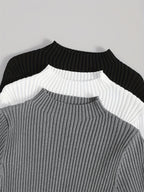 3pcs Set Stand Collar Ribbed Base Layer Stretch Plain Color Versatile Vintage - Mixed colors