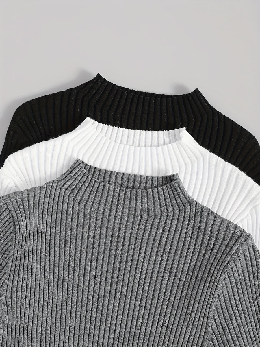 3pcs Set Stand Collar Ribbed Base Layer Stretch Plain Color Versatile Vintage - Mixed colors