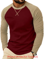 [Printed Design - Not Textured] Men's Long Sleeve Crew Neck T-Shirt, European and American Style Men's Apparel, Color Block Base Layer Top - Burgundy