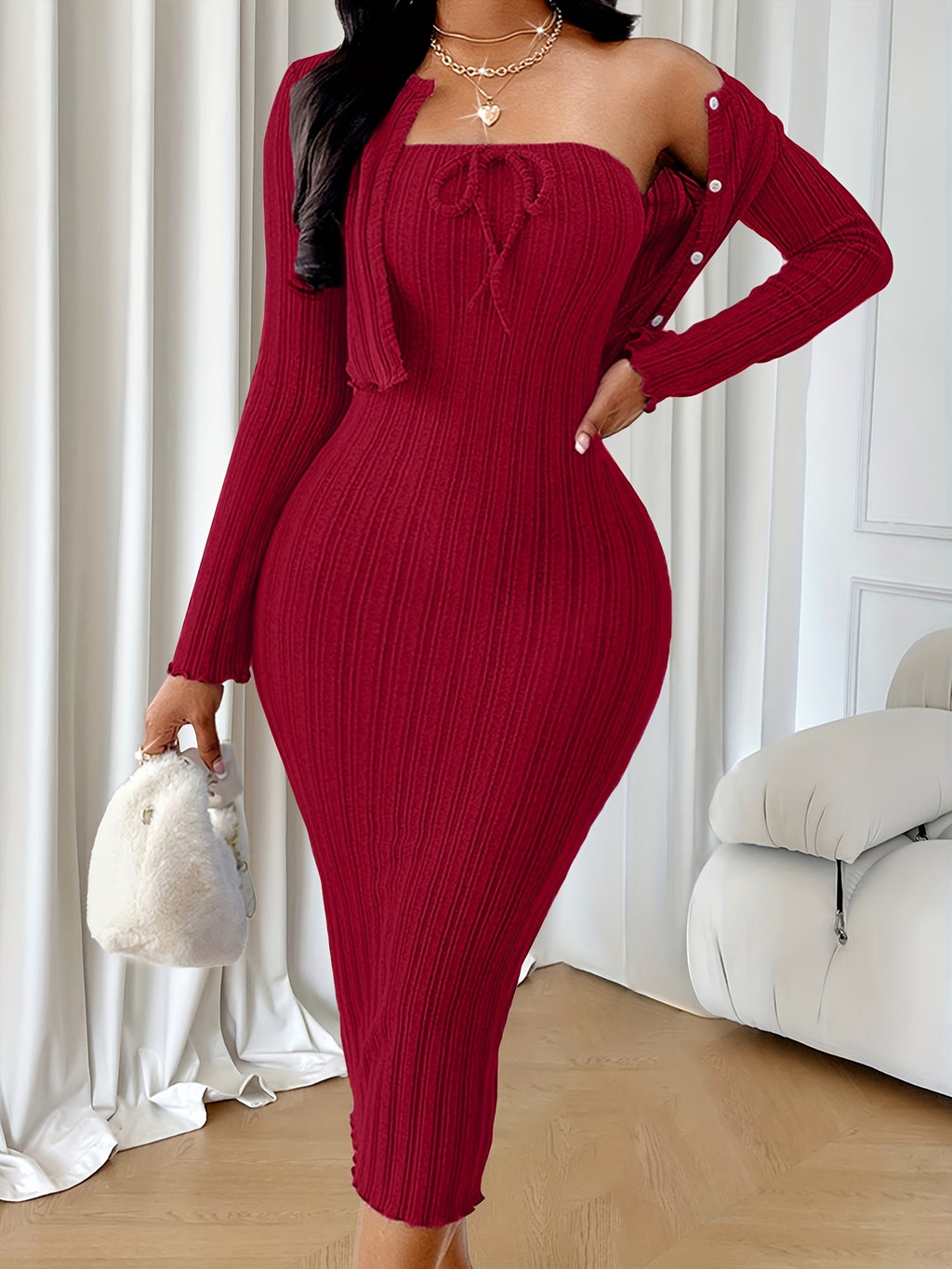 Women's Casual Simple Fashion Textured Solid Color Bow Tie Camisole Dress with Short Coat Two-Piece Set - Burgundy