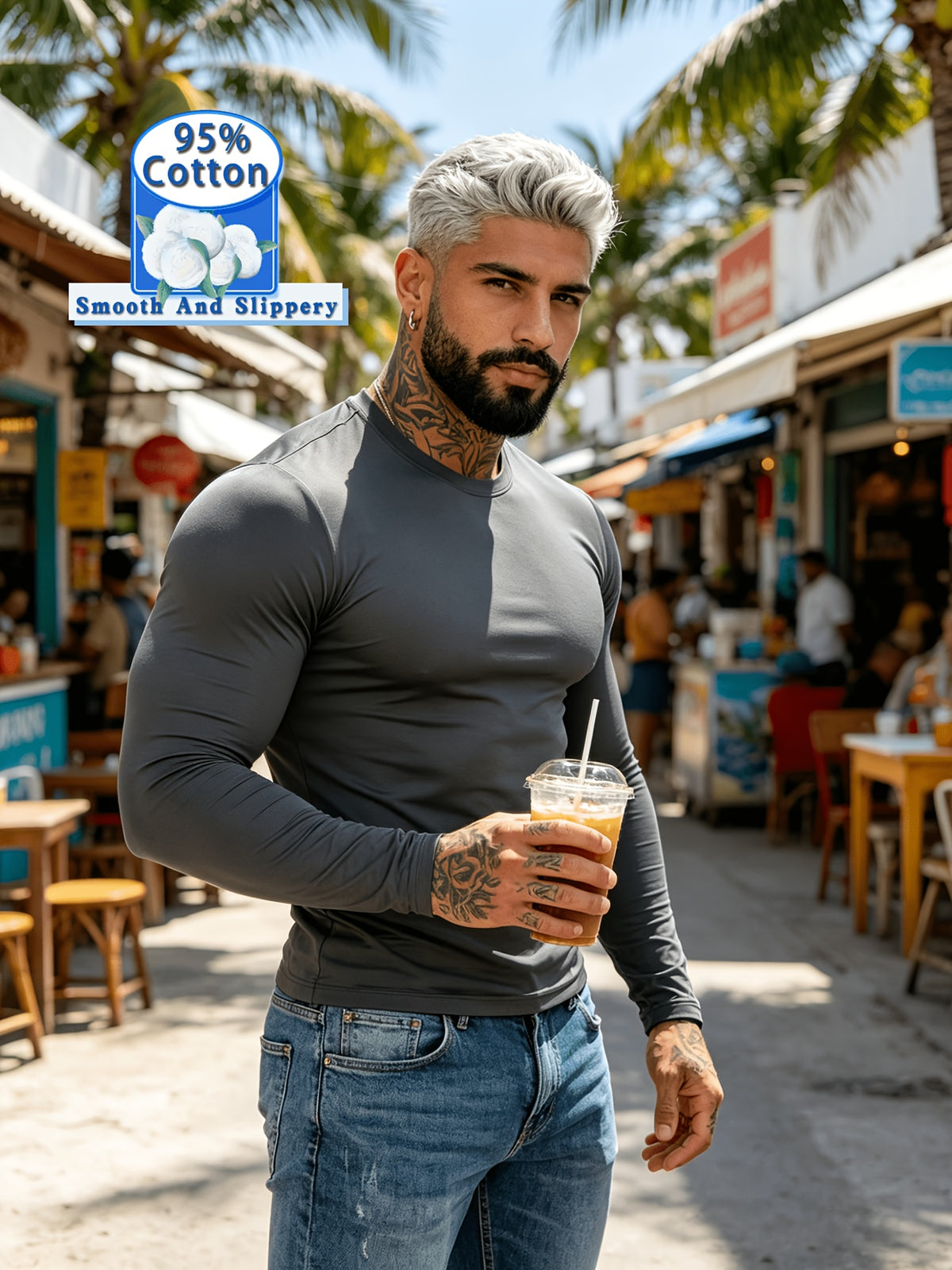 New Spring/Summer Men's Top, Fashionable Sporty Cotton Crew Neck Long Sleeve, Casual and Comfortable, Lightweight Summer Outerwear, Trendy Style - Grey
