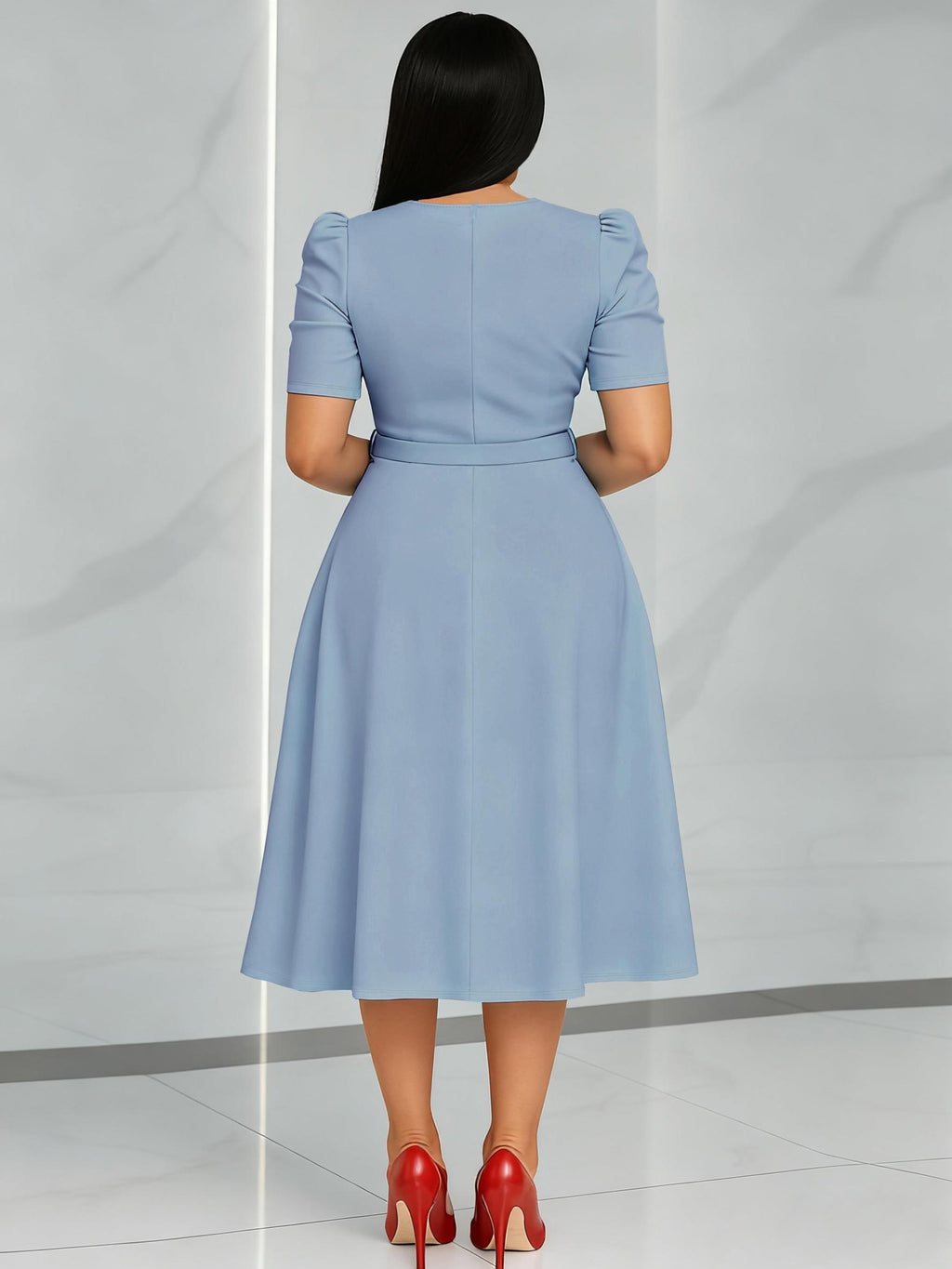 Women'S Elegant V-Neck Ruched Midi Dress, Solid Color Short Sleeve, Waist-Cinching Belt, Flowing Skirt, Perfect Spring Summer Outfit, Adult Fashion, Comfortable Daily Elegant Waist-Cinching Dress, Ruched Detail - Light Blue