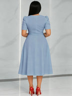 Women'S Elegant V-Neck Ruched Midi Dress, Solid Color Short Sleeve, Waist-Cinching Belt, Flowing Skirt, Perfect Spring Summer Outfit, Adult Fashion, Comfortable Daily Elegant Waist-Cinching Dress, Ruched Detail - Light Blue