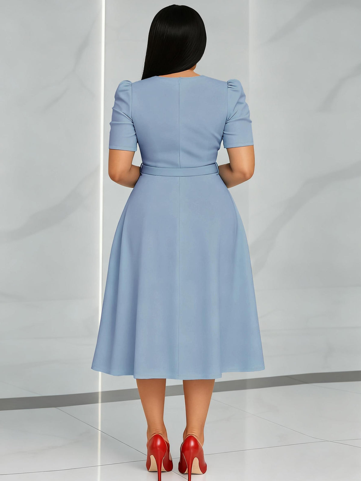 Women'S Elegant V-Neck Ruched Midi Dress, Solid Color Short Sleeve, Waist-Cinching Belt, Flowing Skirt, Perfect Spring Summer Outfit, Adult Fashion, Comfortable Daily Elegant Waist-Cinching Dress, Ruched Detail - Light Blue