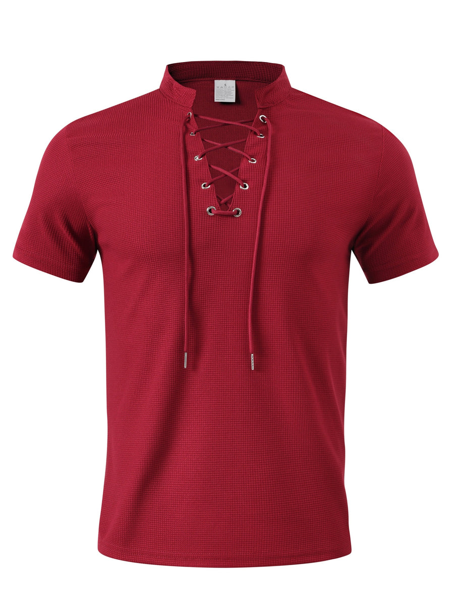 Breathable Fabric Summer Men'S Waffle Skinny Short Sleeve American Oversized Casual V-Neck Tie-Up T-Shirt - Burgundy