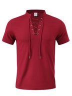 Breathable Fabric Summer Men'S Waffle Skinny Short Sleeve American Oversized Casual V-Neck Tie-Up T-Shirt - Burgundy