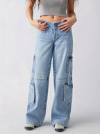 Women Multi Pocket Cargo Wide Leg Jeans, Loose Denim Pants with Strap Detail, Sultry Hot Streetwear Casual Trousers - Blue