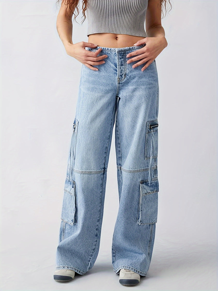 Women Multi Pocket Cargo Wide Leg Jeans, Loose Denim Pants with Strap Detail, Sultry Hot Streetwear Casual Trousers - Blue