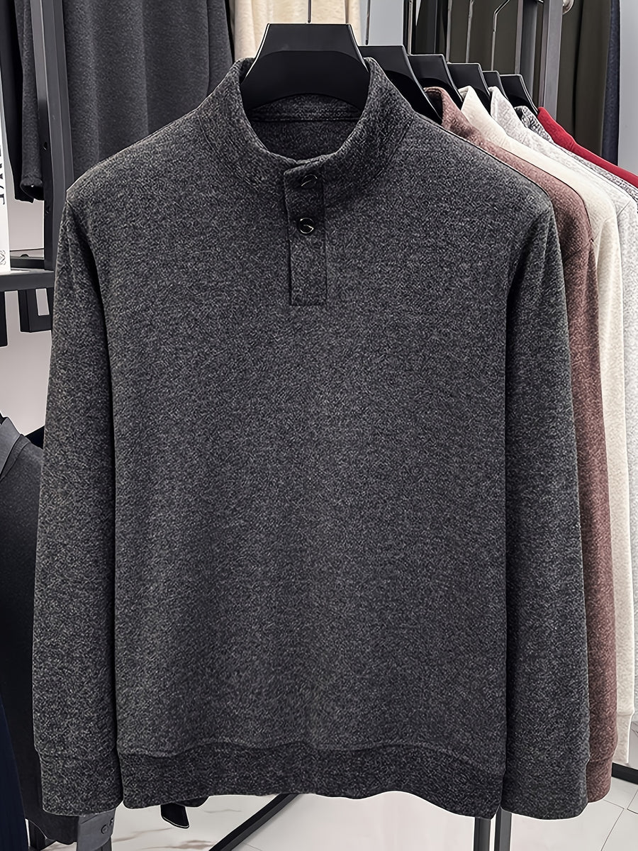 Men's Floral Yarn Stand Collar Long Sleeve Top, Multi-Color Options for Autumn, Half-Button Pullover Base Layer, Fine, Skin-Friendly, and Comfortable Fabric, Suitable for Business Commuting and Business Trips, Loose and Casual Men's Wear for Fishing - Dark Gray