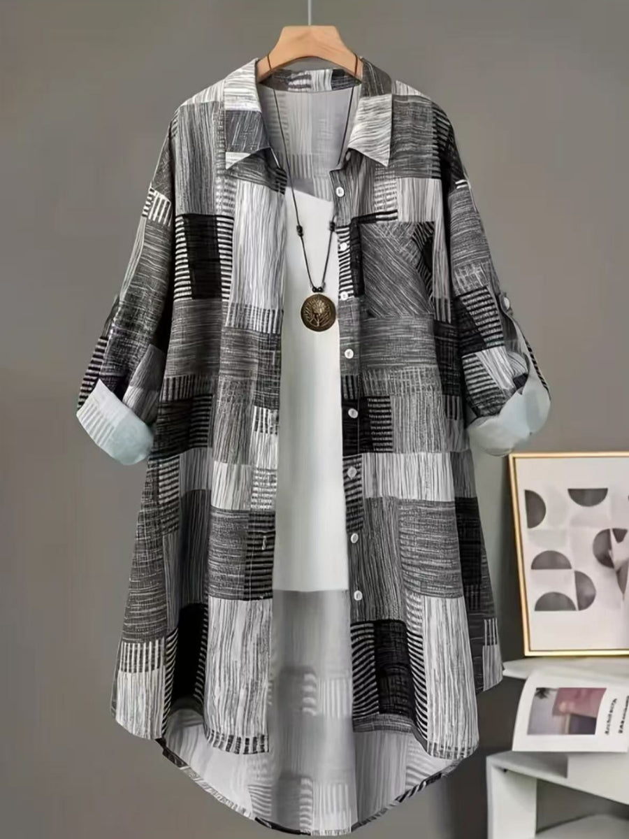New Women's Color-Block Plaid Print Shirt with Lapel Collar, Single Pocket, Loose Fit, Midi-Length Design for Casual Streetwear and Daily Commuting - Grey
