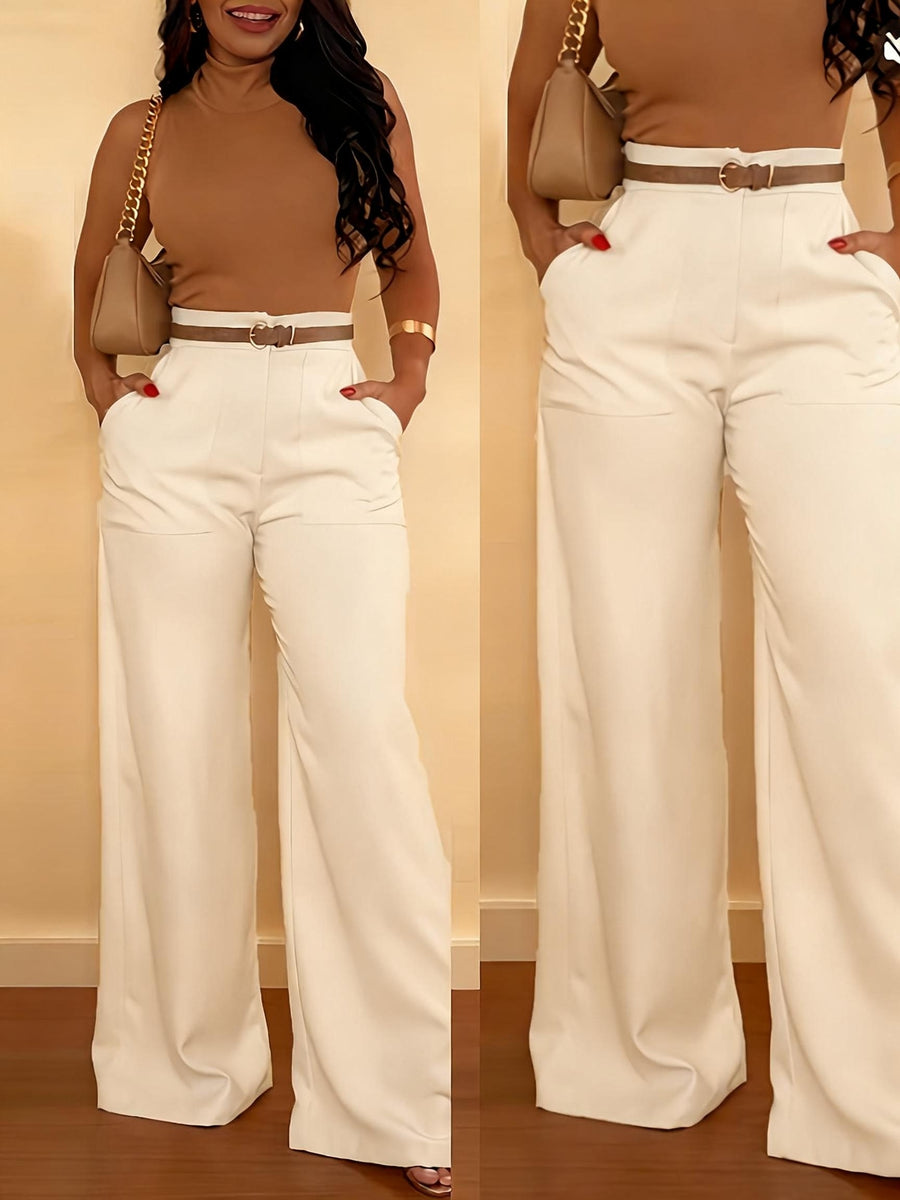 Navy Suit Wide-Leg Pants High Waist Drape Commute OL Style Loose Floor-Length Trousers (No Belt) - Milky