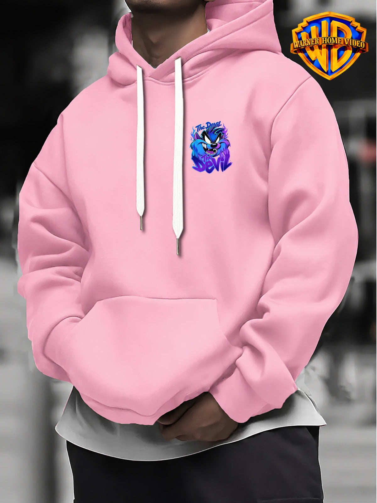 Warner Bros Official 1pc Cyber Purple-Blue Flame Background Grimace The Devil Graffiti Font Casual Hoodie - Men's Fashion Hoodie, Double-Sided Front and Back Print, Adjustable Drawstring Loose and Comfortable Sweatshirt, Suitable for Daily - Pink