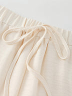 Women's Loose-fit Wide-leg Pants with Lace Details and Side Pockets Featuring Drawstring Adjustment - Apricot