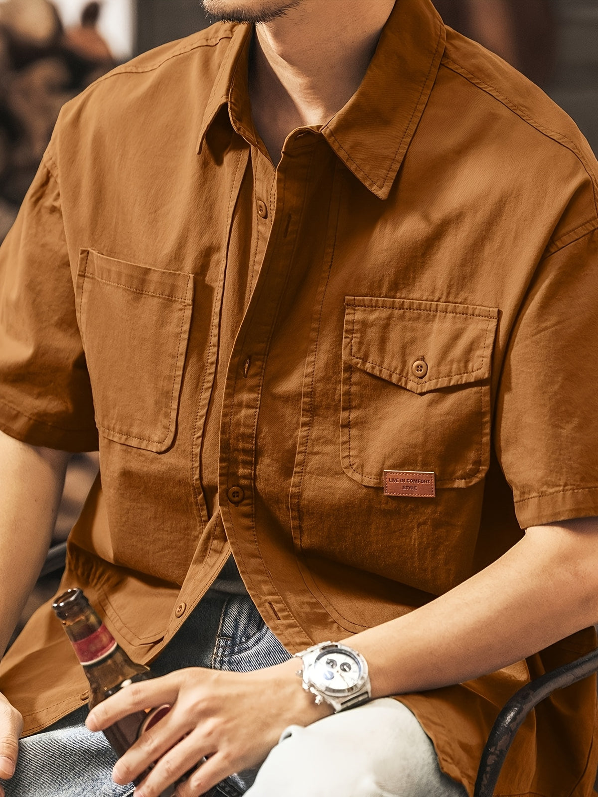 Men's Casual Short Sleeve Shirt, Blend Workwear Button Shirt with Multi Pockets, Solid Color Loose Fit, Breathable Summer Tops for Outdoor Daily WearMen's Multi-Pocket Short Sleeve Work Shirt, Casual Loose Fit Blend Button Shirt for Daily & Outdoor - Chocolate