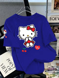 Sanrio Authorized Hello Kitty Print Women'S T-Shirt, Double Cherry Sweet Style for Spring And Summer, Machine Washable Without Deformation, Showcasing Refreshing Temperament - Blue